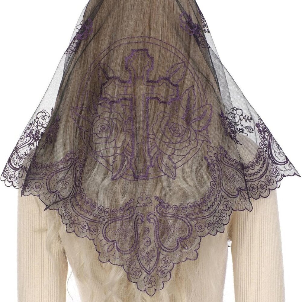 Catholic Veil Cross Rose Embroidery Lace Mantilla Head Covering for Mass